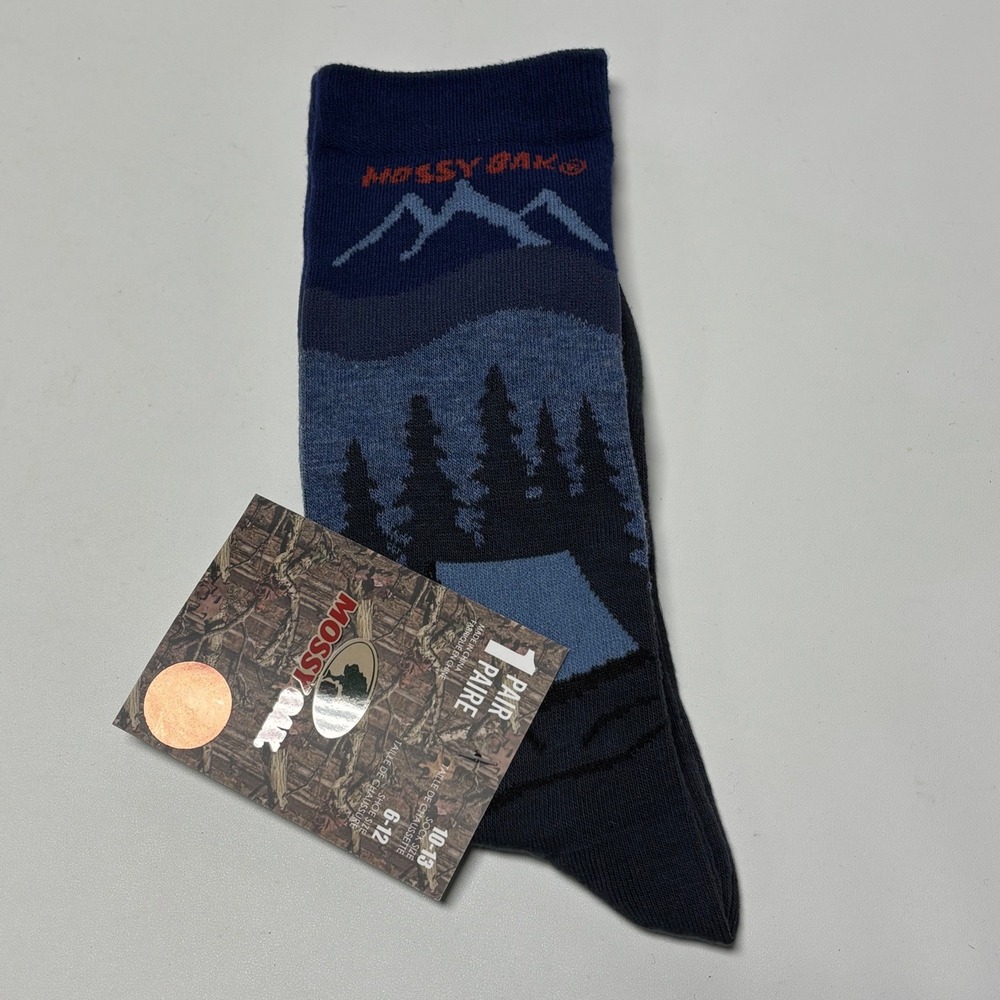 Mossy Oak Crew Socks Mens 10-13 Blue‎ New Mountain Forest Landscape MOM454-MUL